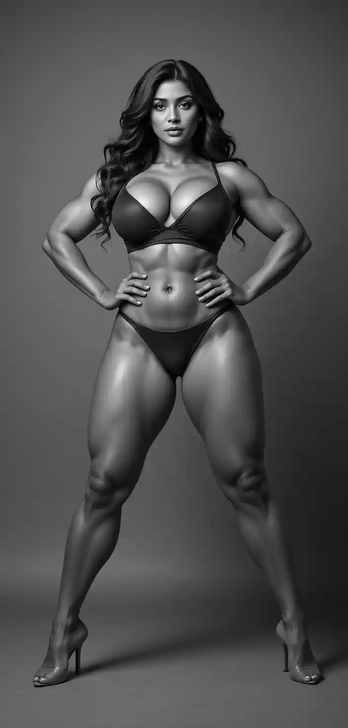 Muscular curvy woman in olive police uniform posing confidently