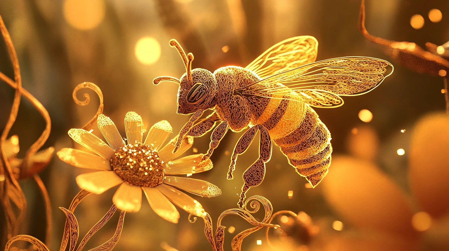 Abeja de papel estilizada sobre flores de fantasía a la luz cálida del sol