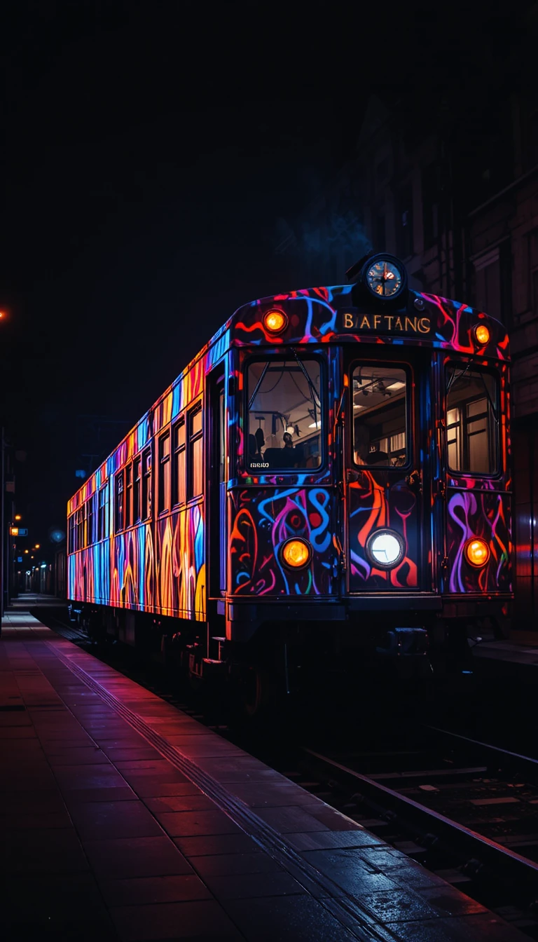 Vintage train glowing with abstract projection light art