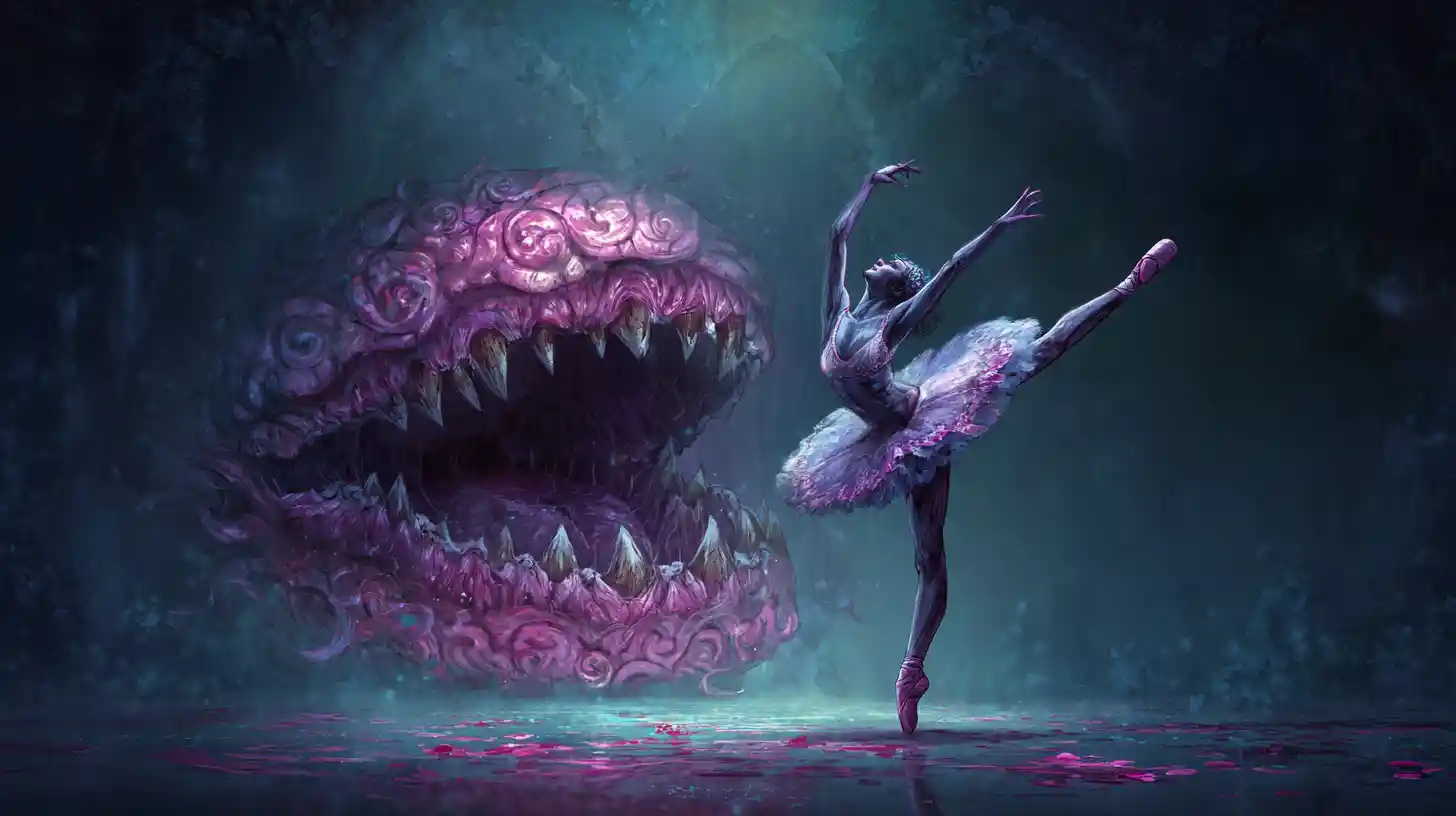 Surreal fae ballerina with monstrous stomach mouth
