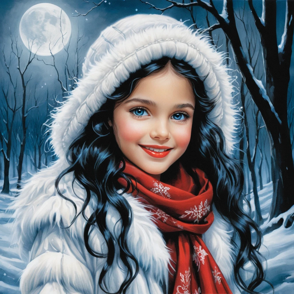 Smiling winter girl in white fur coat illustration