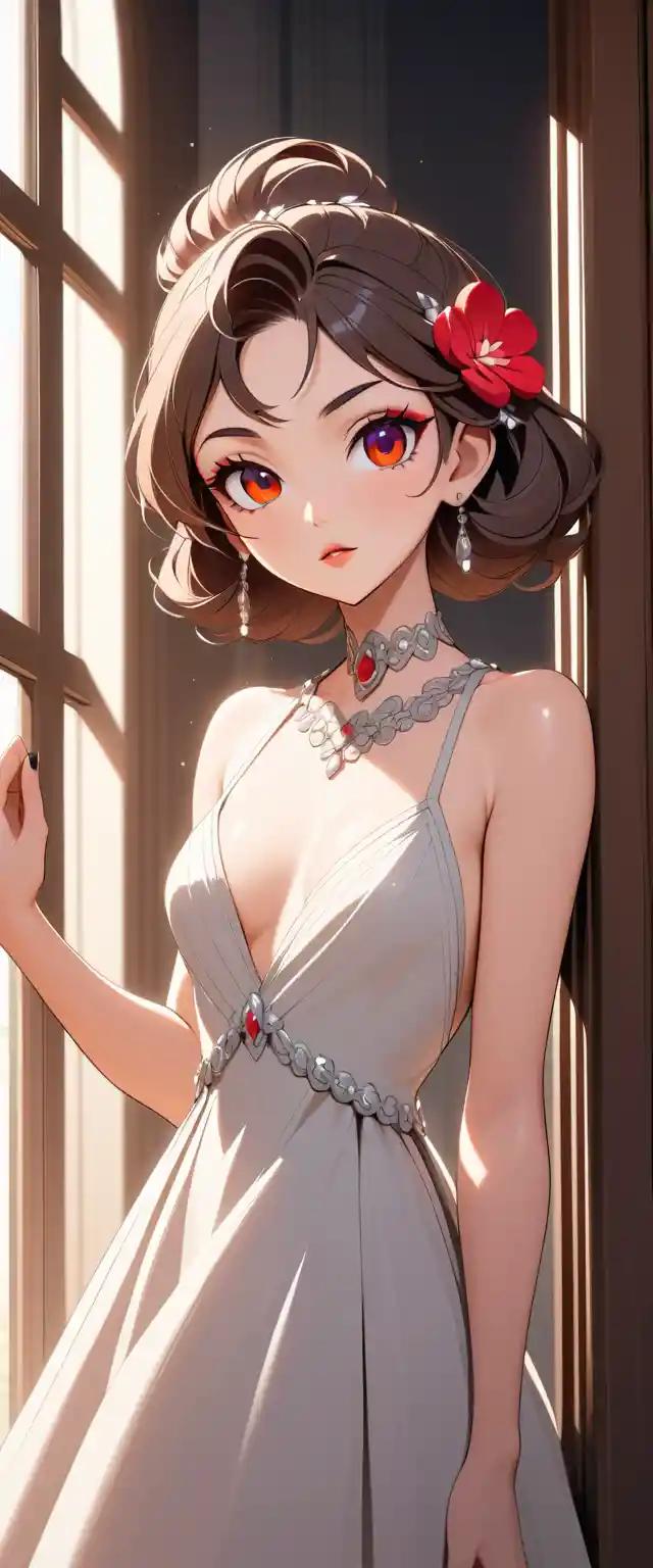 Elegant woman in rhinestone dress by a white doorway