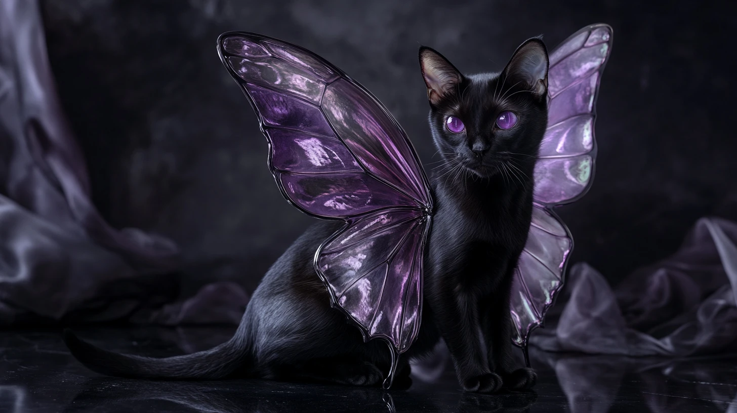 Black winged cat on reflective floor in dramatic light