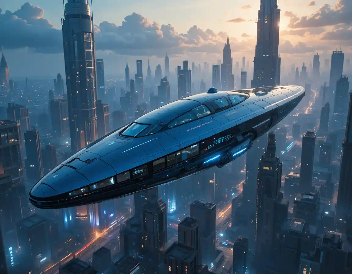 Futuristic spaceship gliding above a dense sci fi city