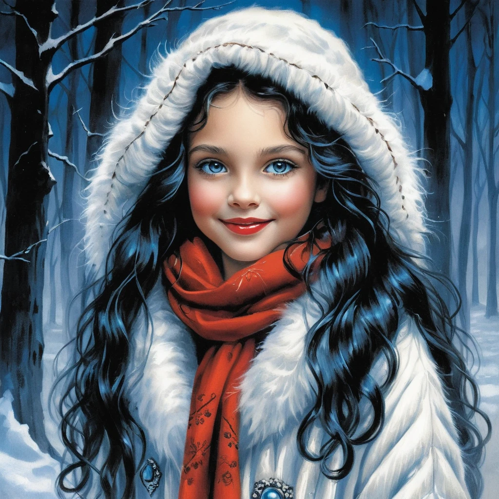 Smiling winter girl with blue eyes and white fur coat