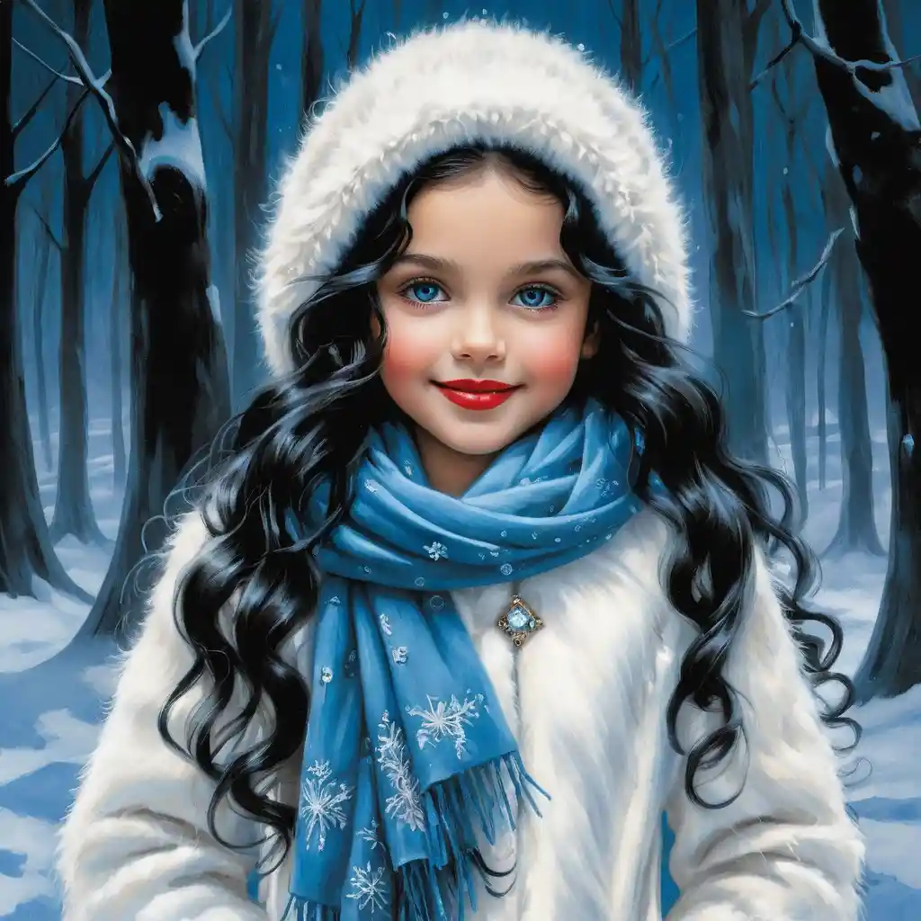 Smiling winter girl in white fur coat and scarf