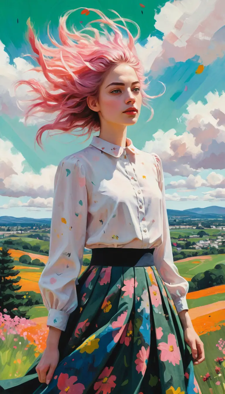 Green haired girl with red pinwheel in floral skirt