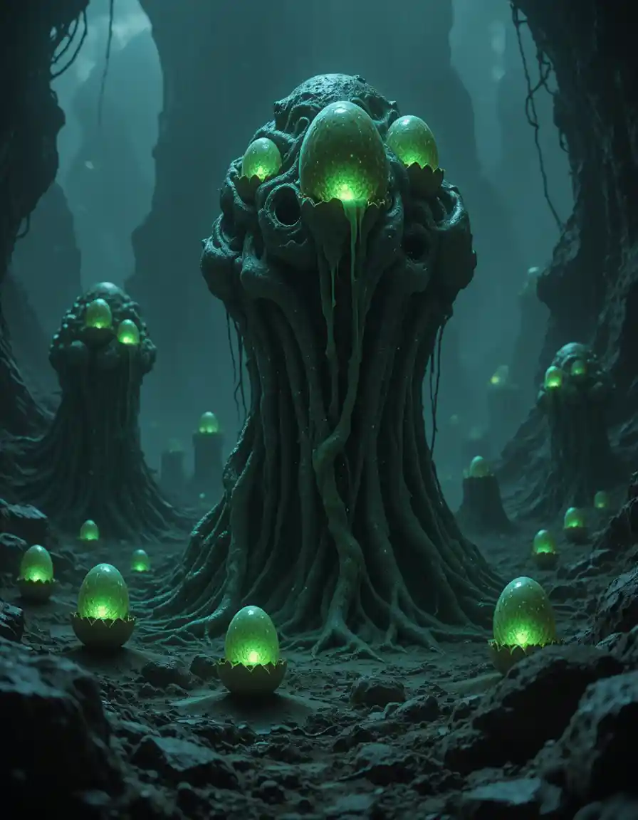 Alien cocoon clusters glowing on a dark hostile world
