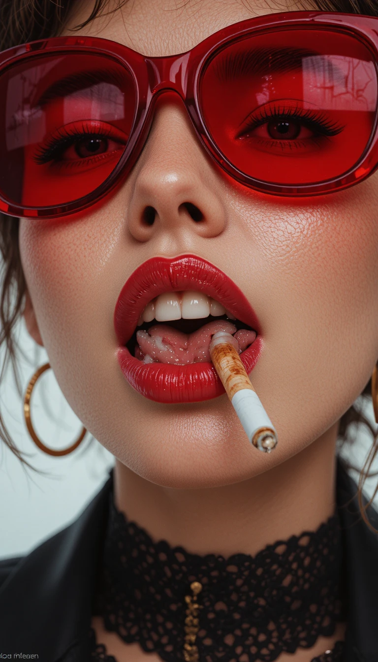 Sultry woman biting cigarette in extreme close up portrait