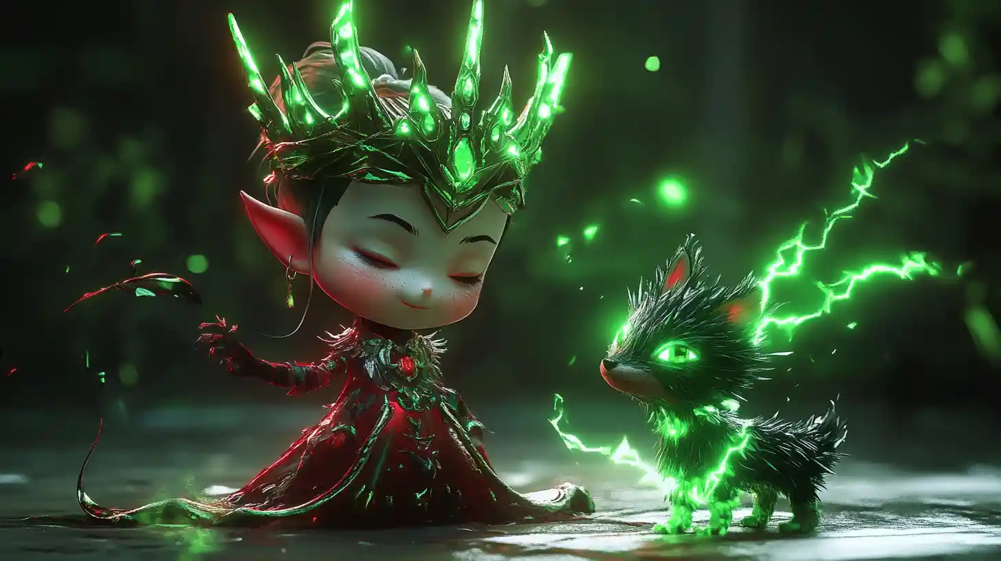 Chibi demon queen wielding glowing chaos energy with pet