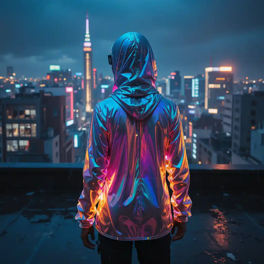 Cyberpunk woman on neon lit rooftop at night