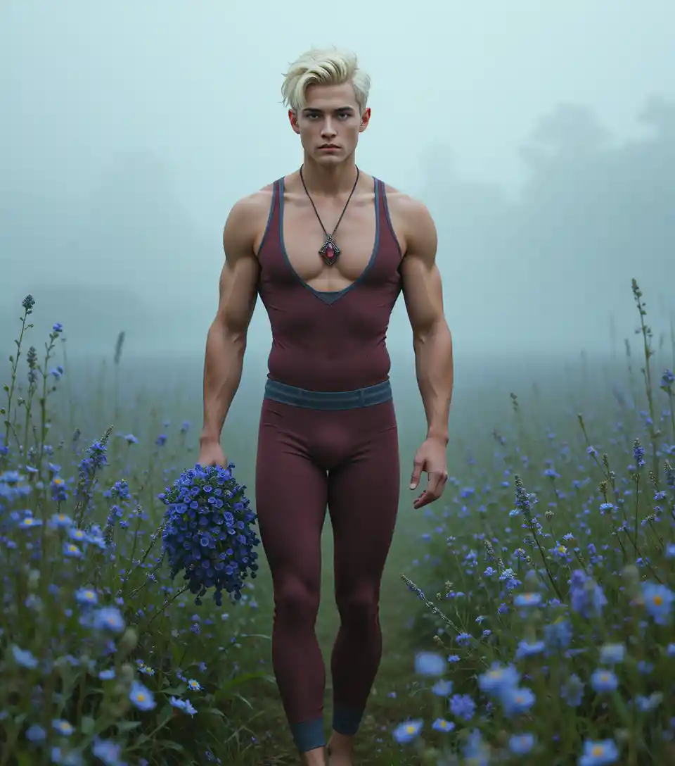 Muscular blonde young man walking through a summer meadow