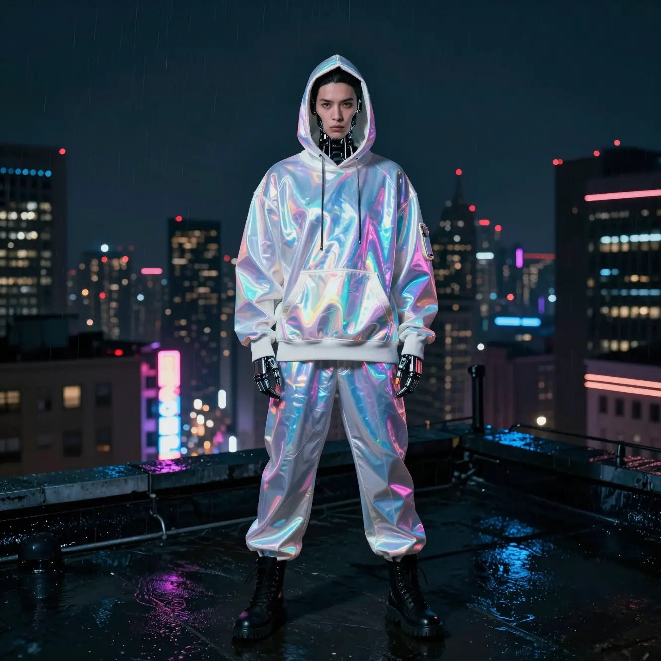 Male spy on neon lit rooftop in futuristic city