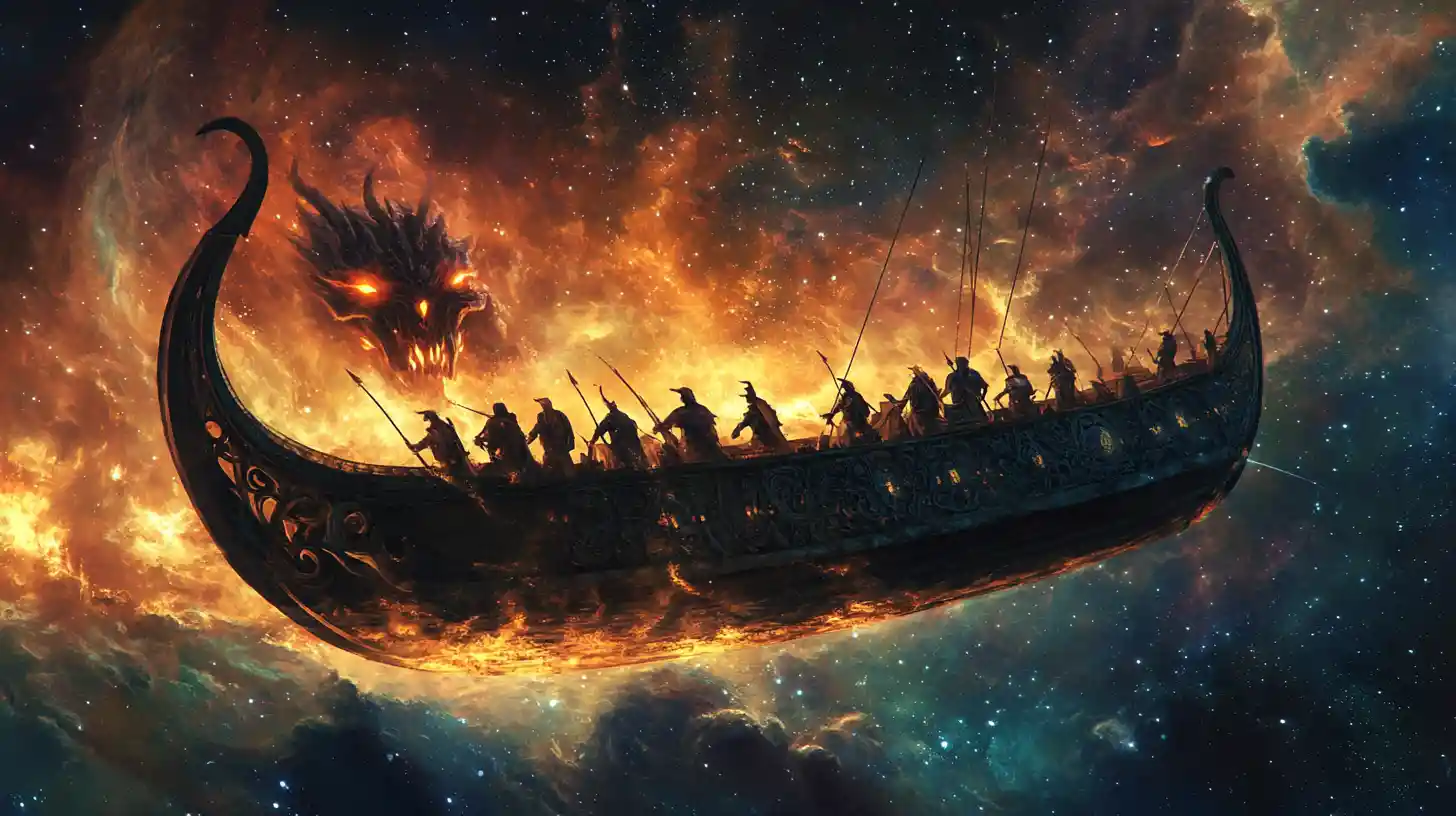 Dracar viking navegando por uma nébula cósmica luminosa