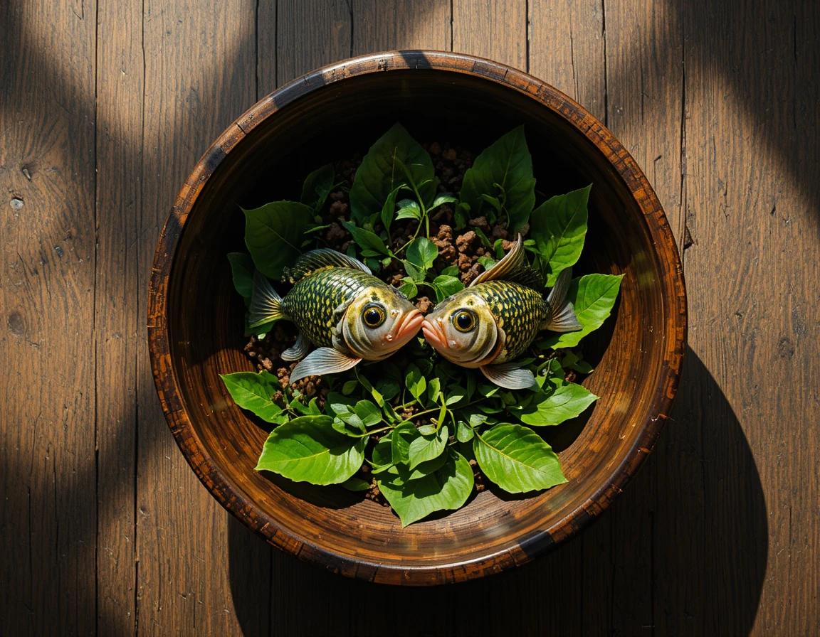 Wooden bowl with green leaves in natural light