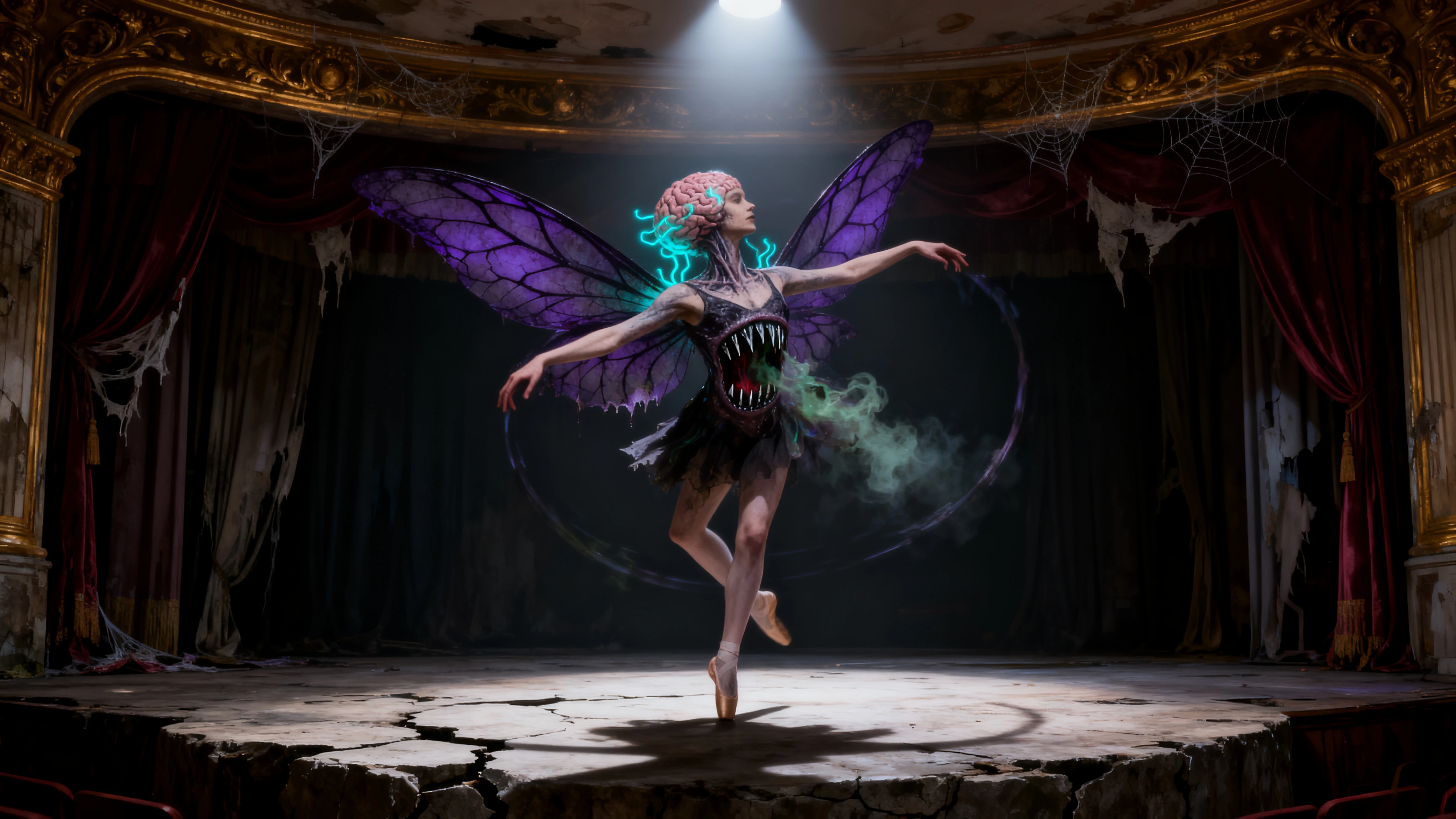 Ballerina fata surreale con mostruosa bocca nello stomaco