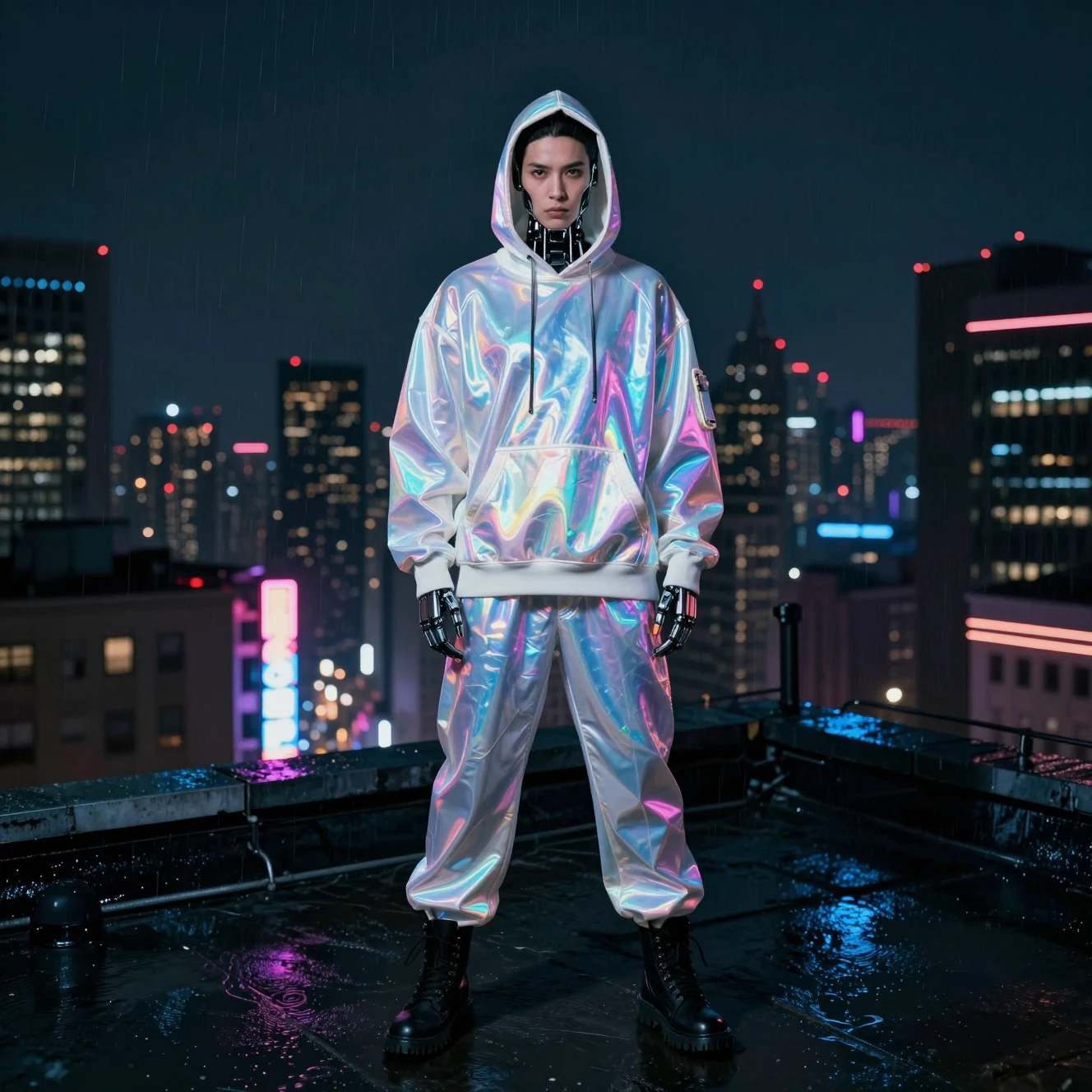 Male spy on neon lit rooftop in futuristic city