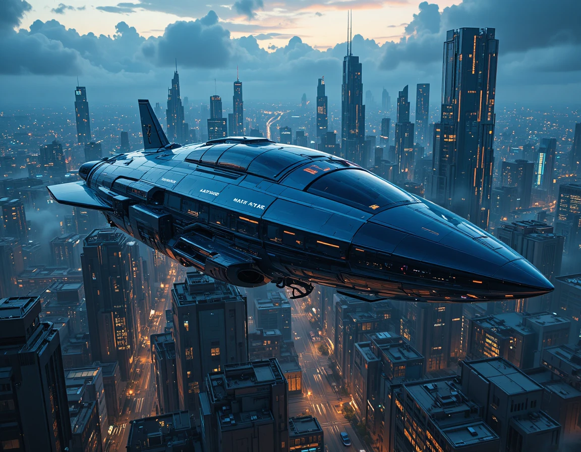 Futuristic spaceship gliding above a dense sci fi city