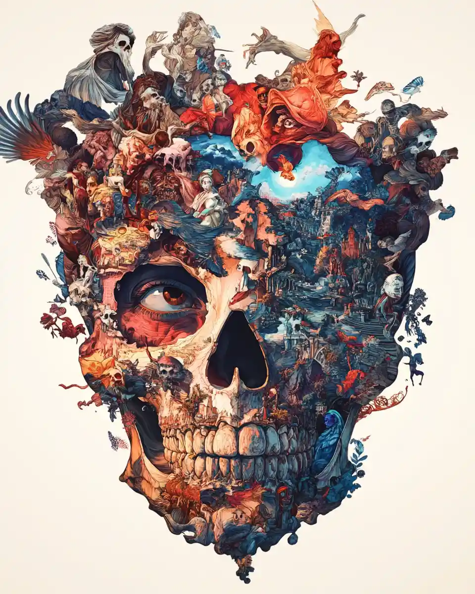 Surreal digital skull face filled with vivid abstract scenes