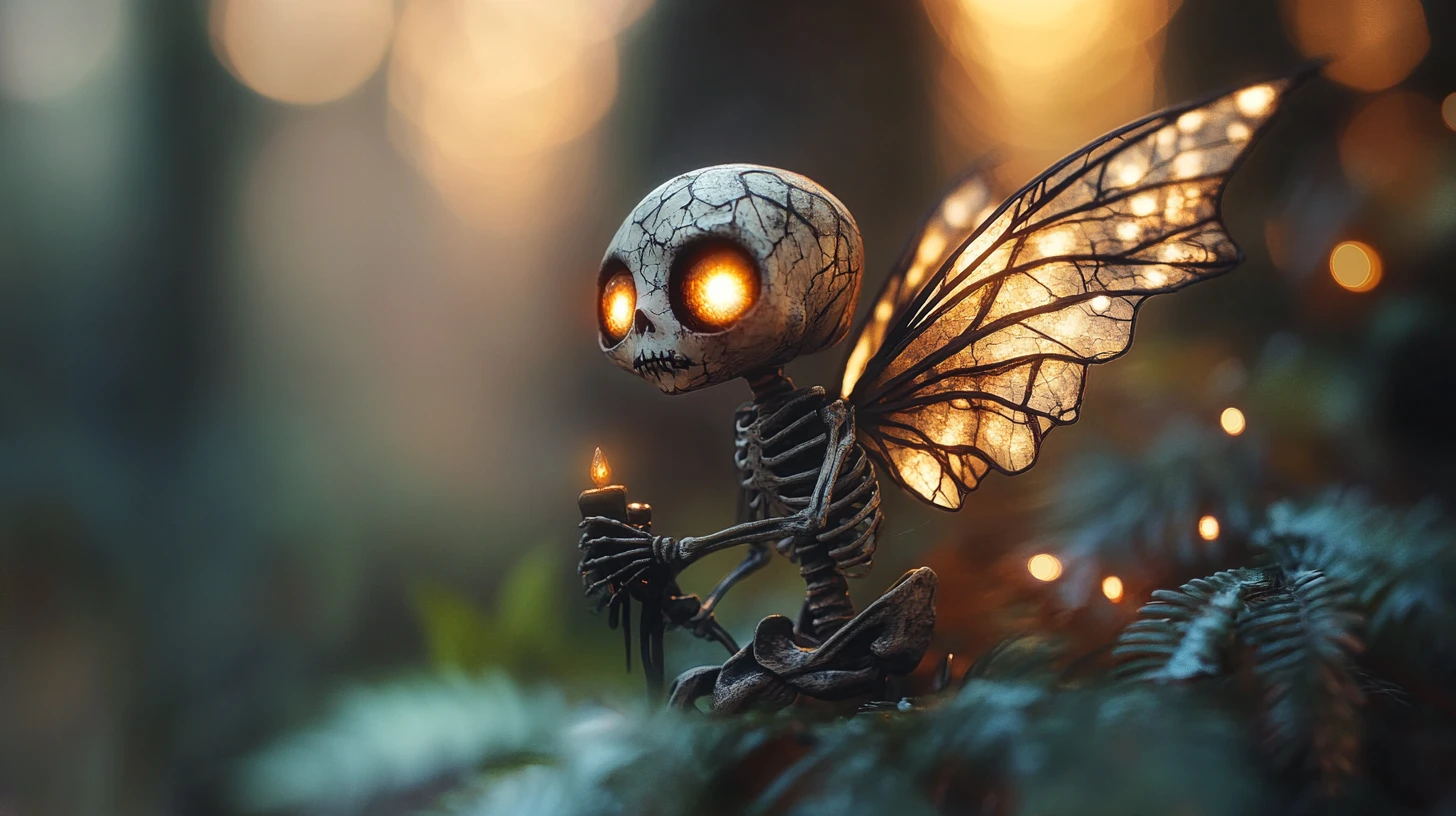 Tiny gothic fairy with glowing eyes in dark forest