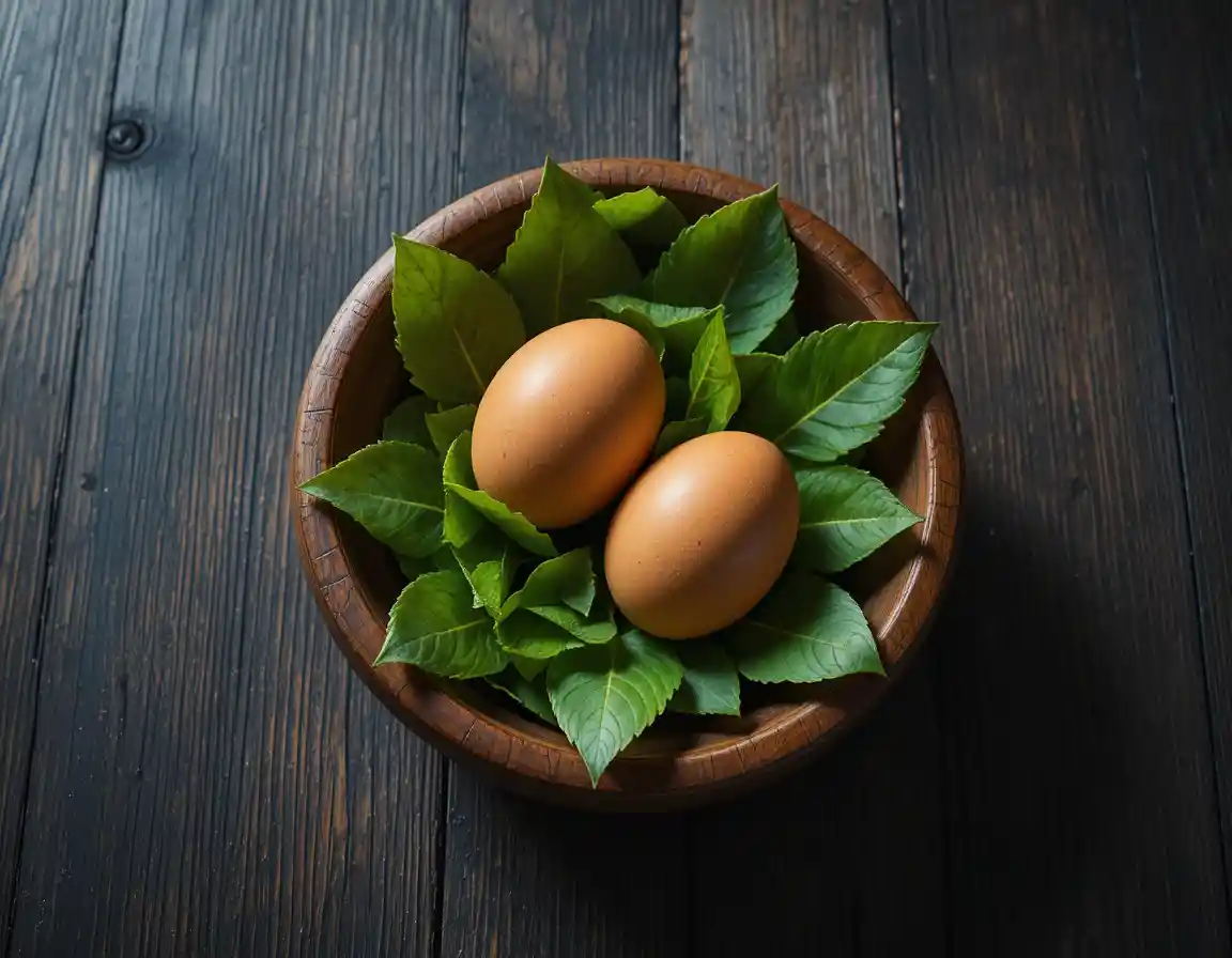 Tigela rústica de madeira com ovos marrons e folhas verdes