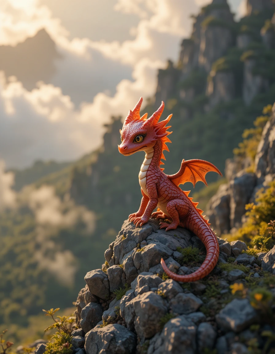 Tiny red dragon basking in sunlight on mountain peak