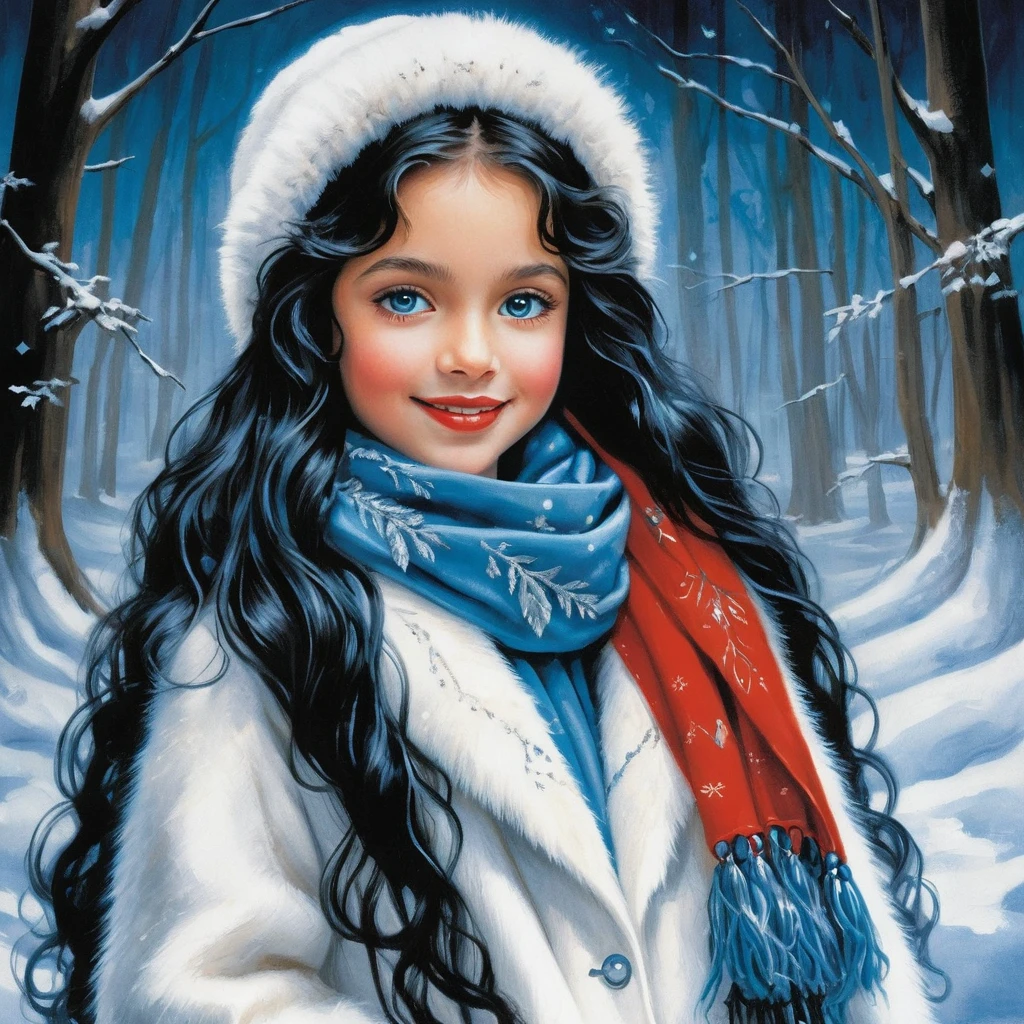 Smiling winter girl with black curls in white fur coat
