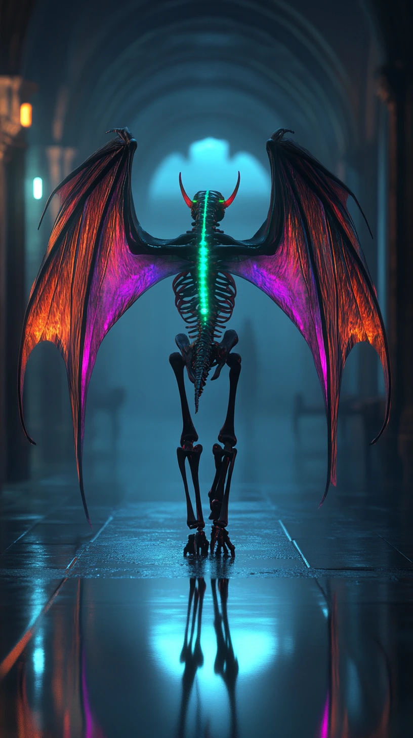 Glowing skeletal dragon in a dark gothic hallway
