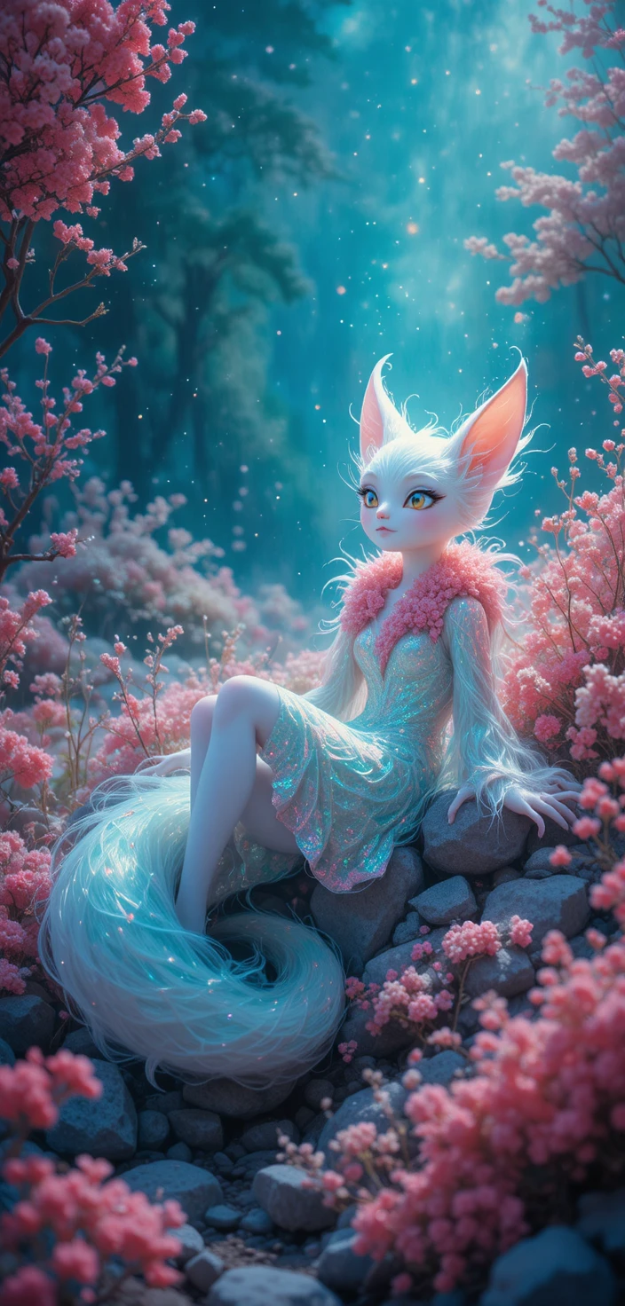 Playful neon fox like creature in a mint spring meadow