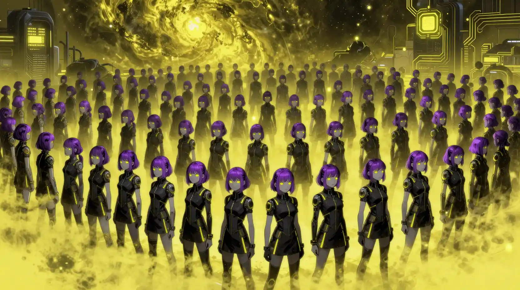 Futuristic gray skinned teenage girls in neon lit cosmic park