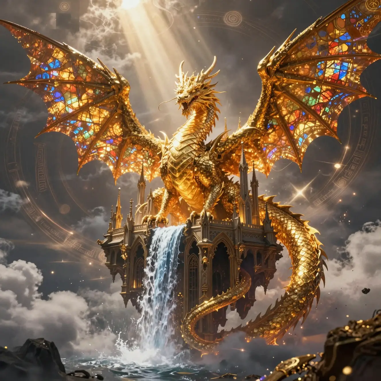 Celestial dragon guarding a floating gothic cathedral