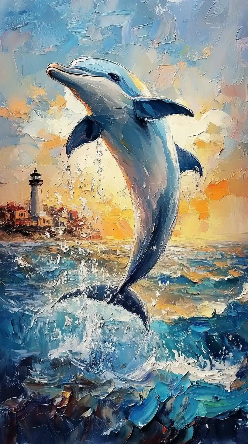 Dolphin Leaping From The Sea Near A Distant Lighthouse