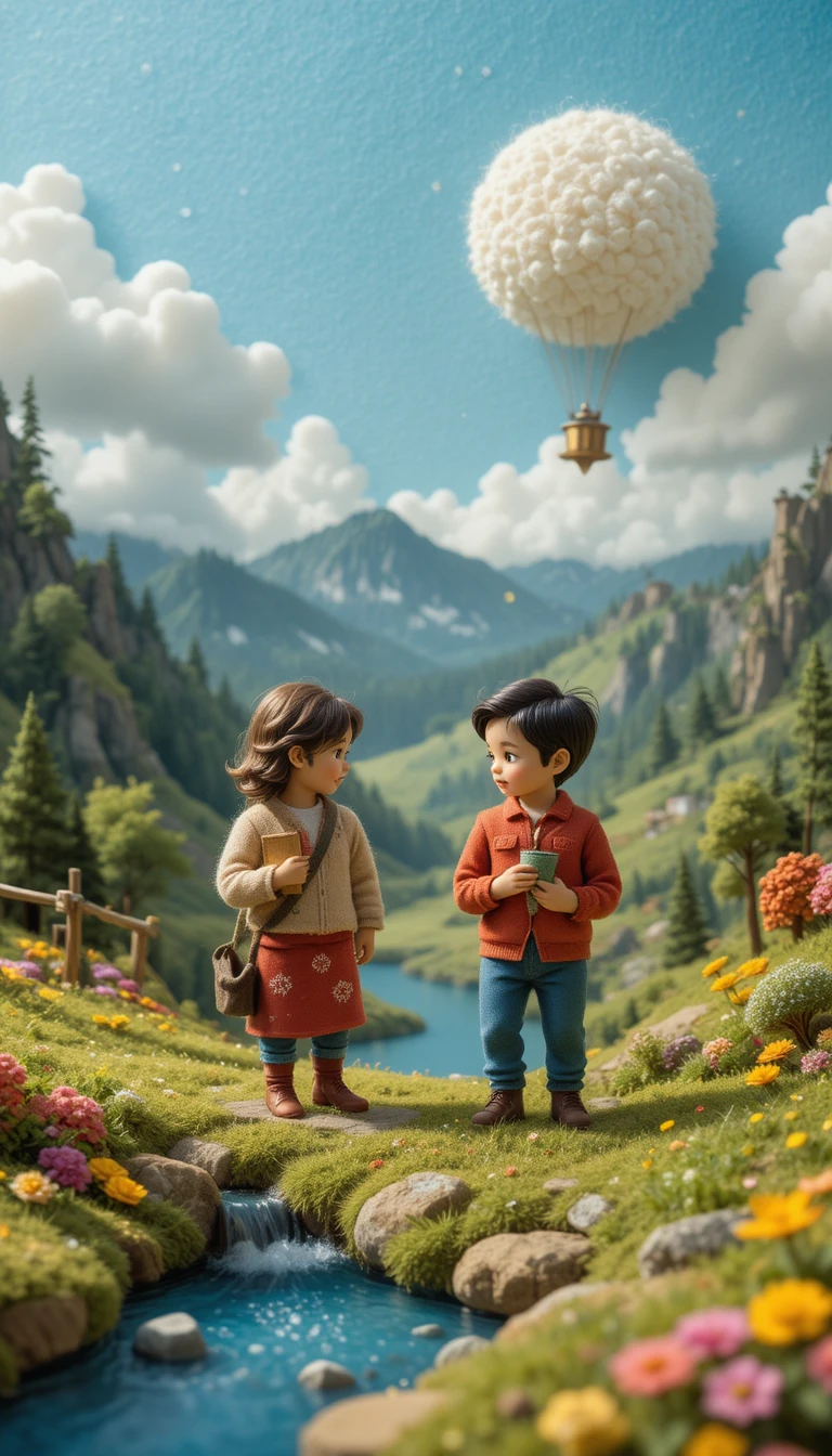 Playful miniature 3D wool felt landscape illustration