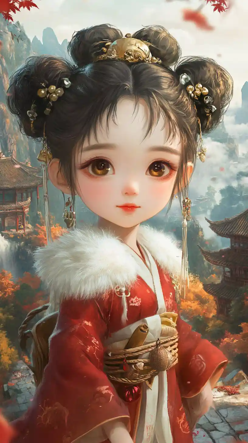 Hanfu girl in red with serene mountain village backdrop