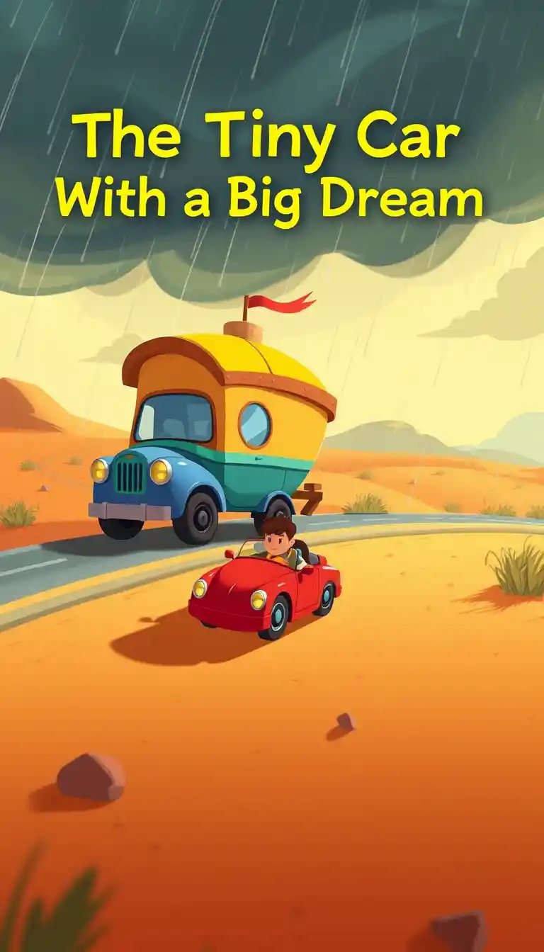 Tiny cartoon caravan car traveling through windy desert sands