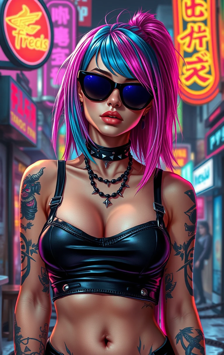 Donna cyberpunk con capelli al neon in città futuristica
