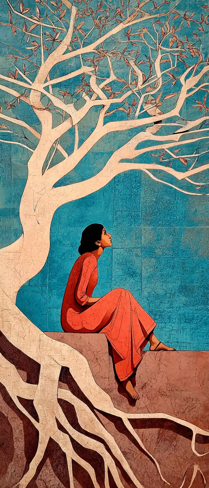 Heartbroken anime girl under a dying banyan tree
