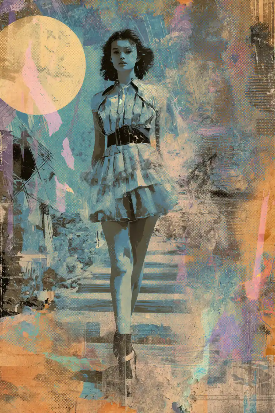 Surreal woman emerging from a dreamlike graphic world