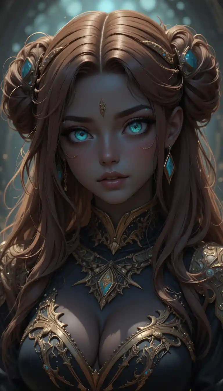 Dark skinned anime sorceress with turquoise eyes and buns