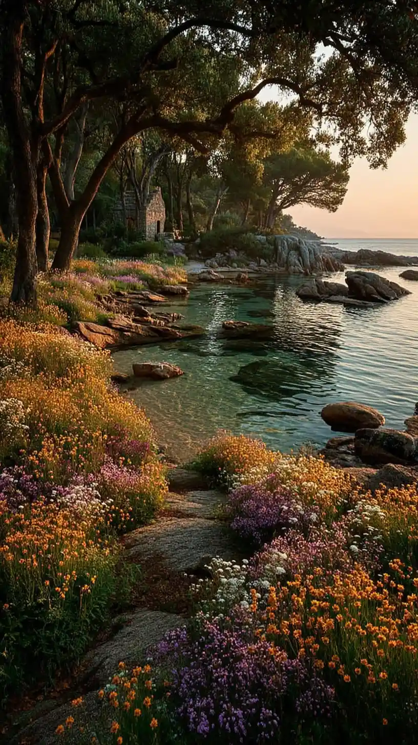Golden hour coastal cliffs with trees and wildflower fields