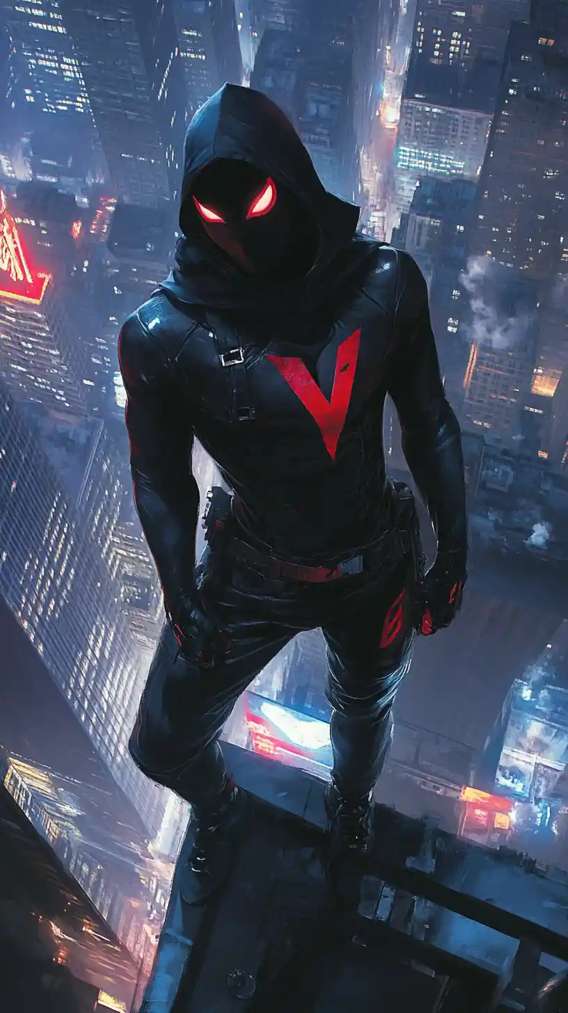 Dark vigilante on skyscraper above neon lit chaotic city
