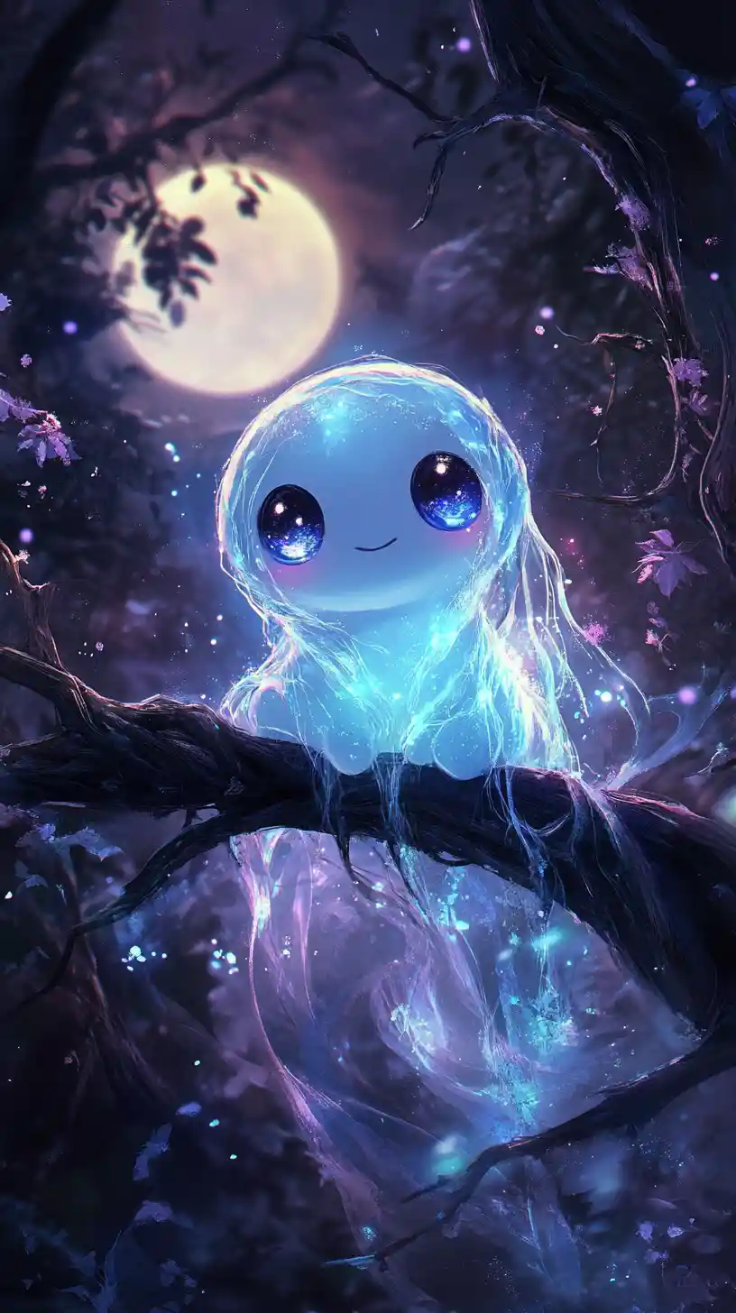 Glowing Spirit Creature Resting On A Branch At Night