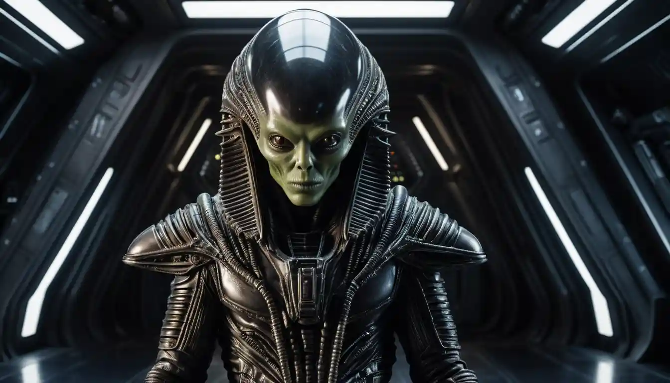 Alien figure in futuristic outfit aboard a space shuttle