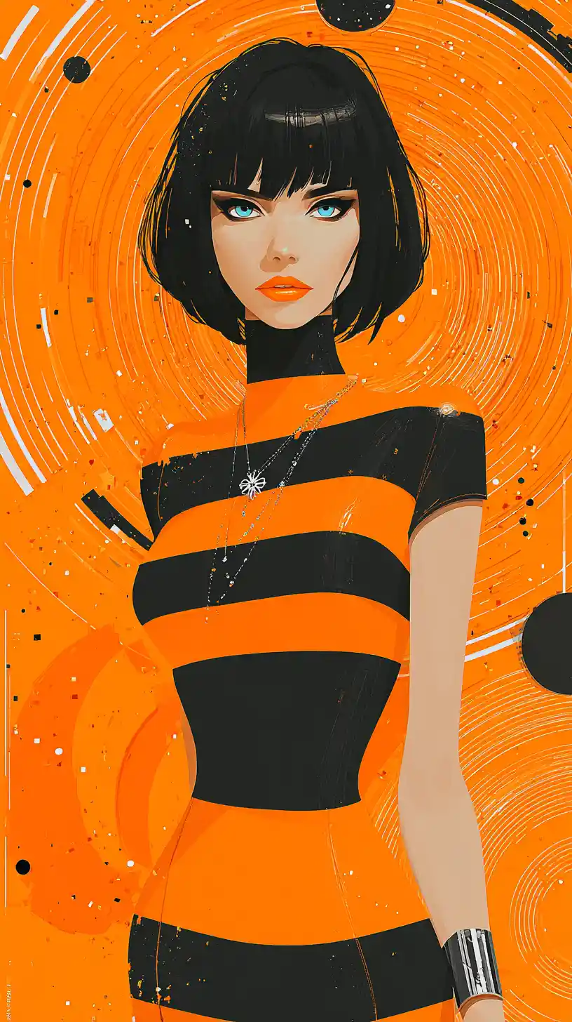 Confident woman in striped top with bold graphic background