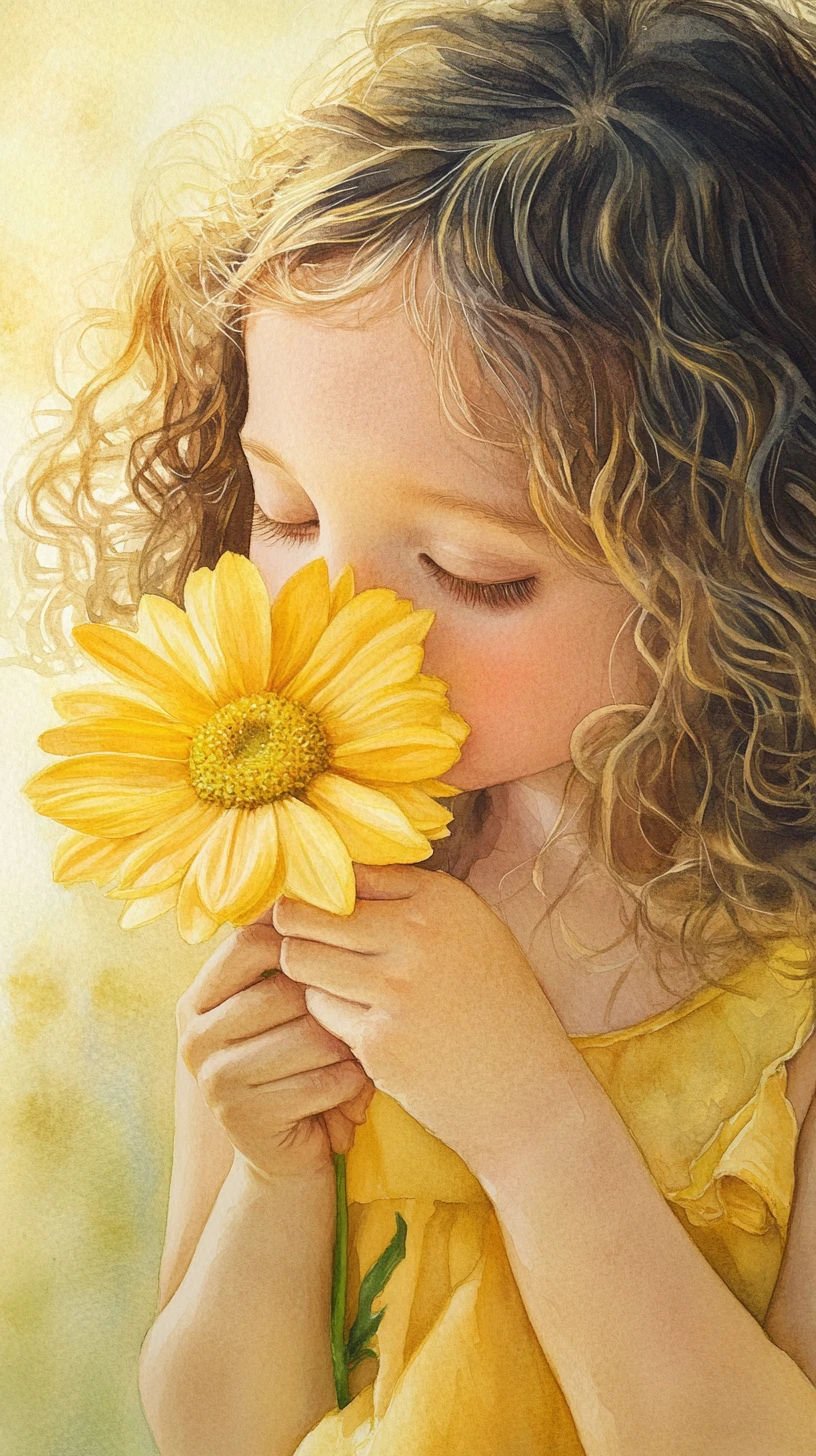 Cute girl in yellow dress holding a gerbera flower