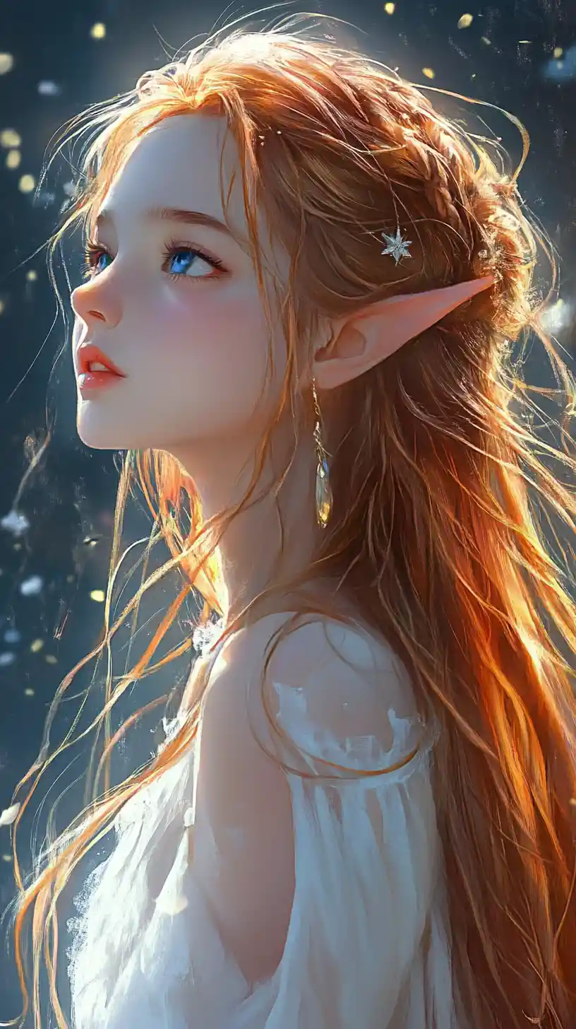 Elf girl embracing a white dragon in soft light