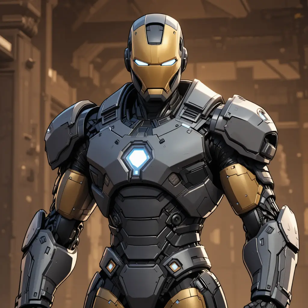 Armored sci fi man with bulky mechanical battle suit