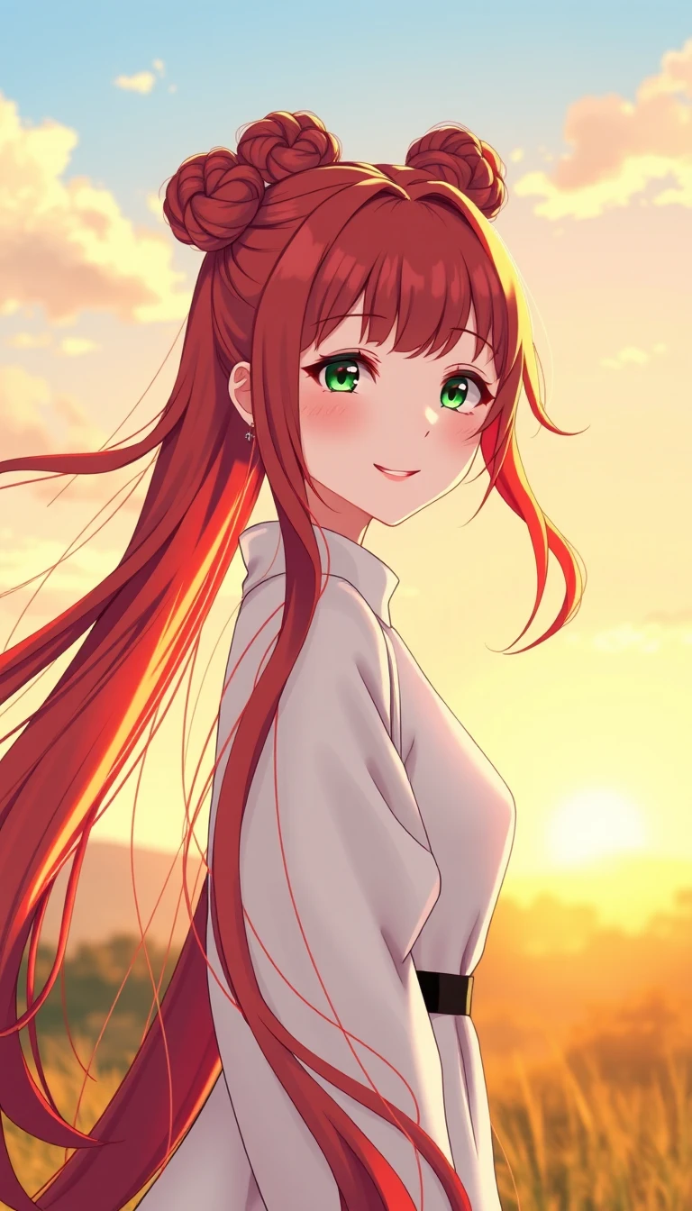 Red haired anime girl at sunrise in soft outdoor scenery