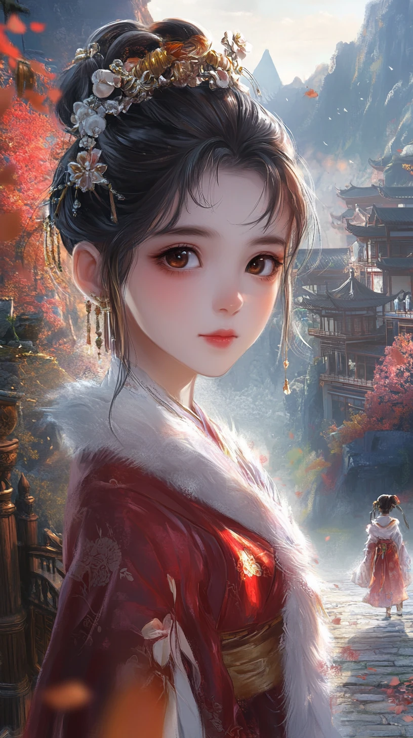 Young hanfu girl in red before misty mountain temples