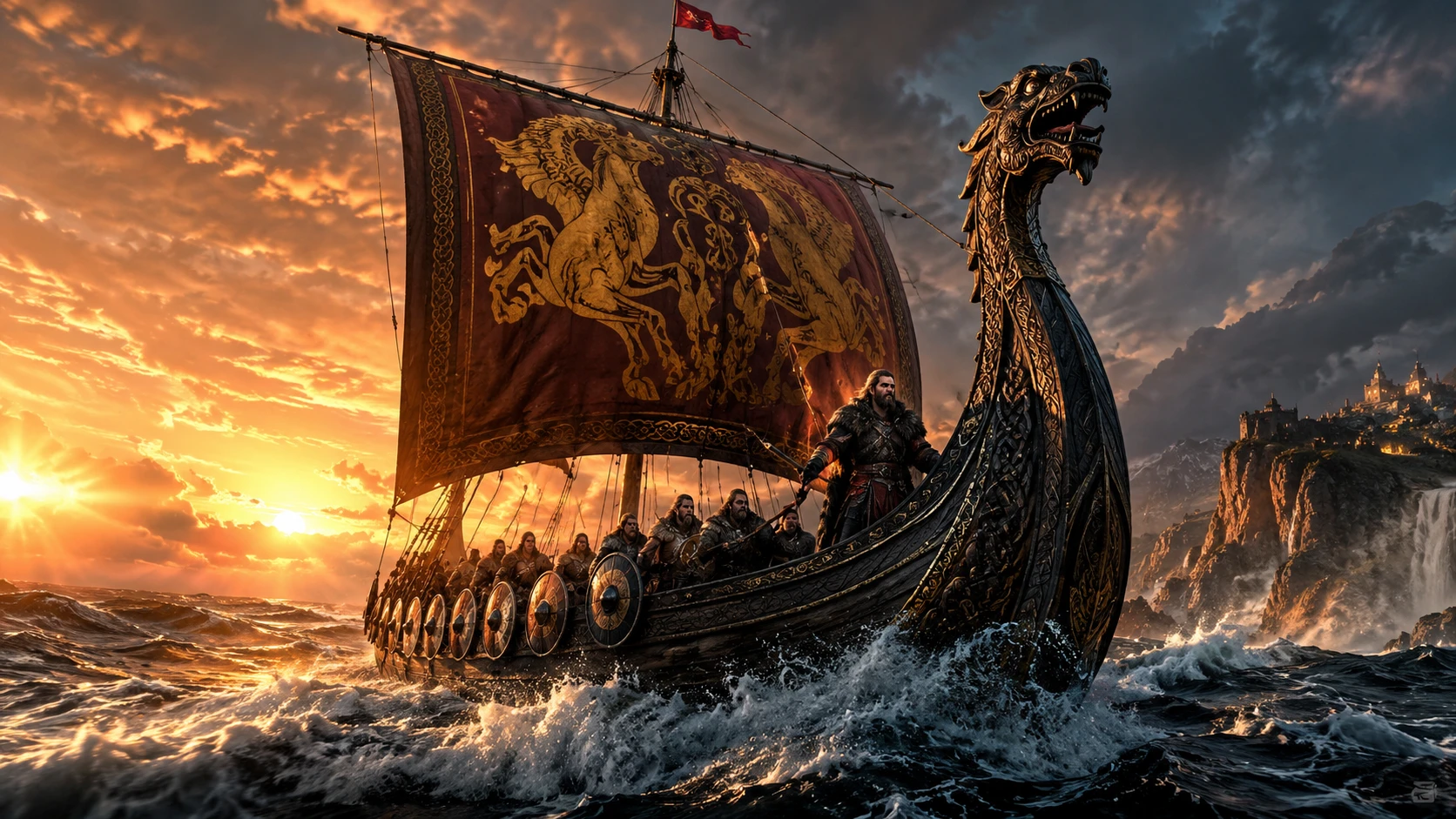 Viking longship sailing through a surreal raging ocean sunset